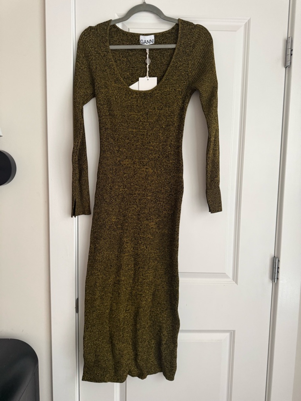 Ganni Olive Green Ribbed Scoop Neck Midi Dress